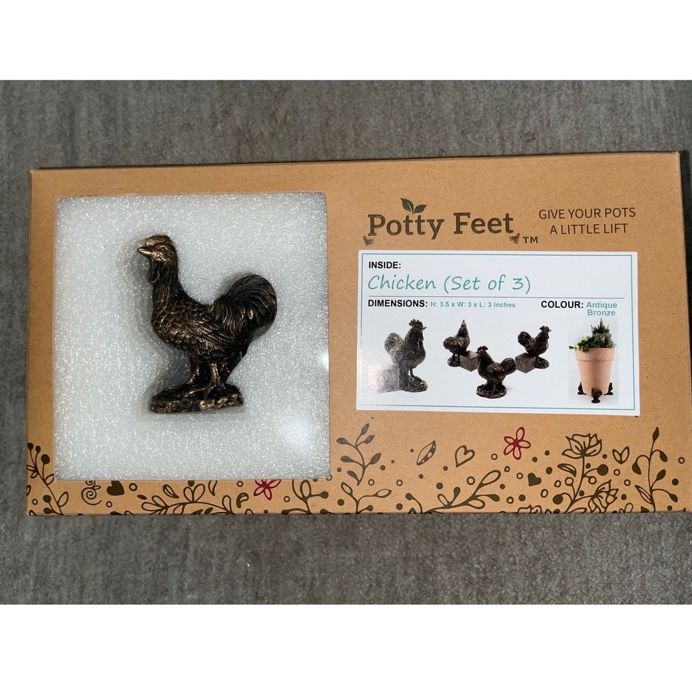 Potty Feet Chicken Set of 3 Plant Pot Risers Antique Bronze Finish Rooster